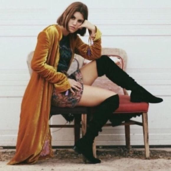 RARE Free People Golden Crushed Velvet Boho Cottagecore Maxi Duster w/Tassels S - Picture 1 of 16
